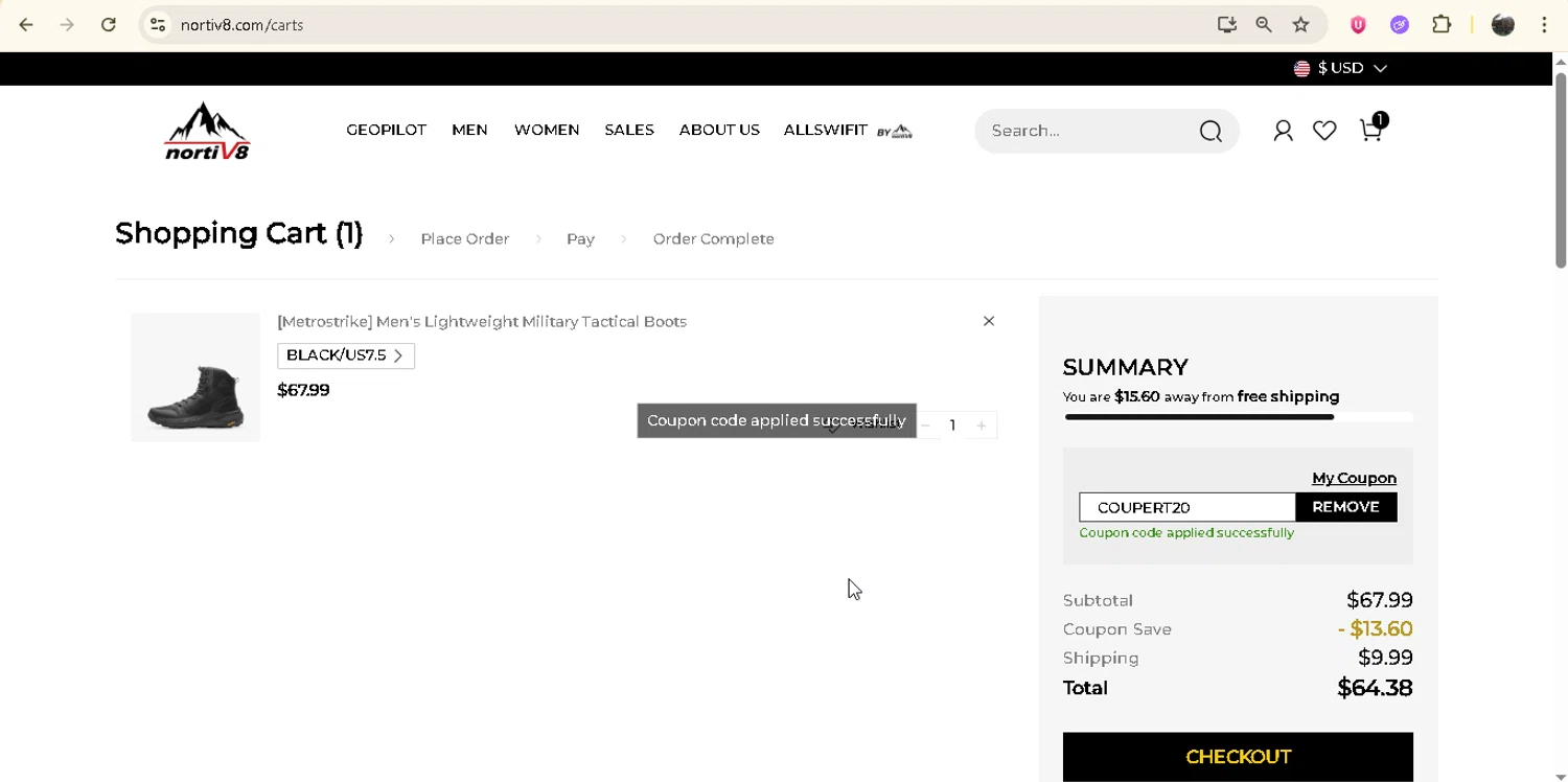 Nortiv8 coupon code screenshot showing code COUPERT20 applied at Nortiv8 checkout page. Uploaded by SimplyCodes community member onebullet on Jun 21, 2025