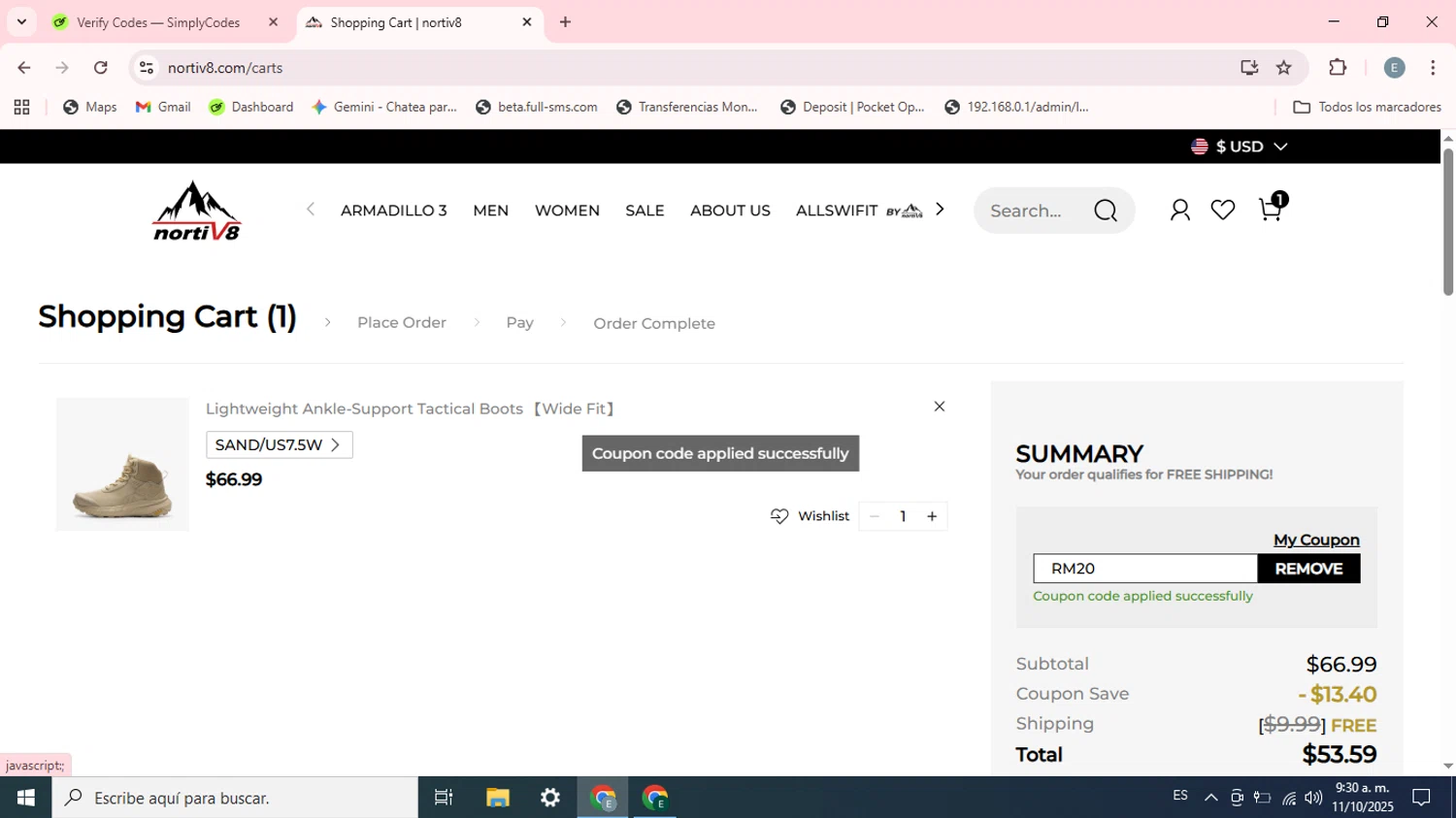 Nortiv8 coupon code screenshot showing code RM20 applied at Nortiv8 checkout page. Uploaded by SimplyCodes community member Esteban on Oct 11, 2025