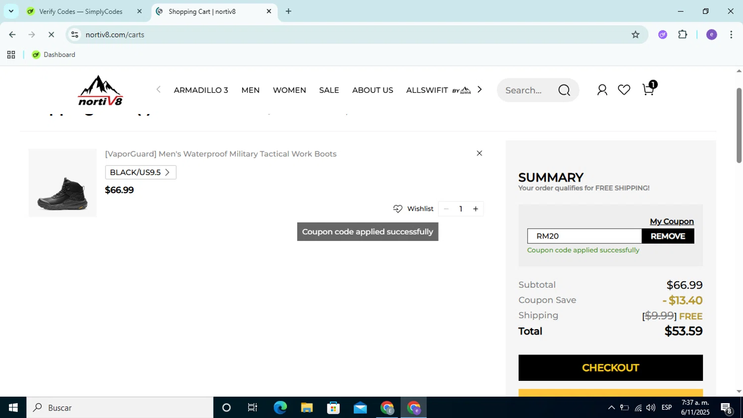 Nortiv8 coupon code screenshot showing code RM20 applied at Nortiv8 checkout page. Uploaded by SimplyCodes community member Esteban14 on Nov 6, 2025