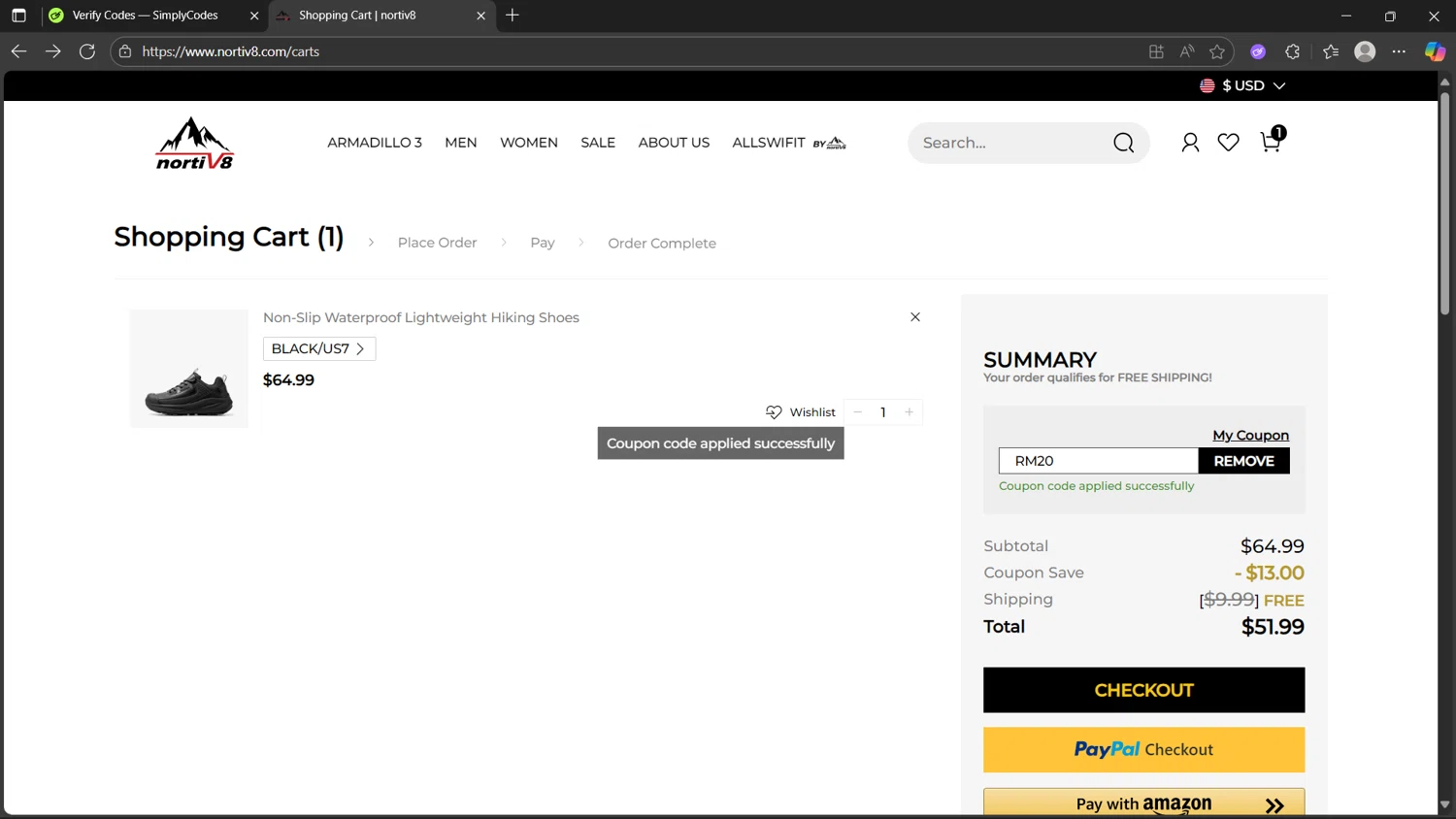 Nortiv8 coupon code screenshot showing code RM20 applied at Nortiv8 checkout page. Uploaded by SimplyCodes community member dragonjeffer_93a9 on Oct 11, 2025