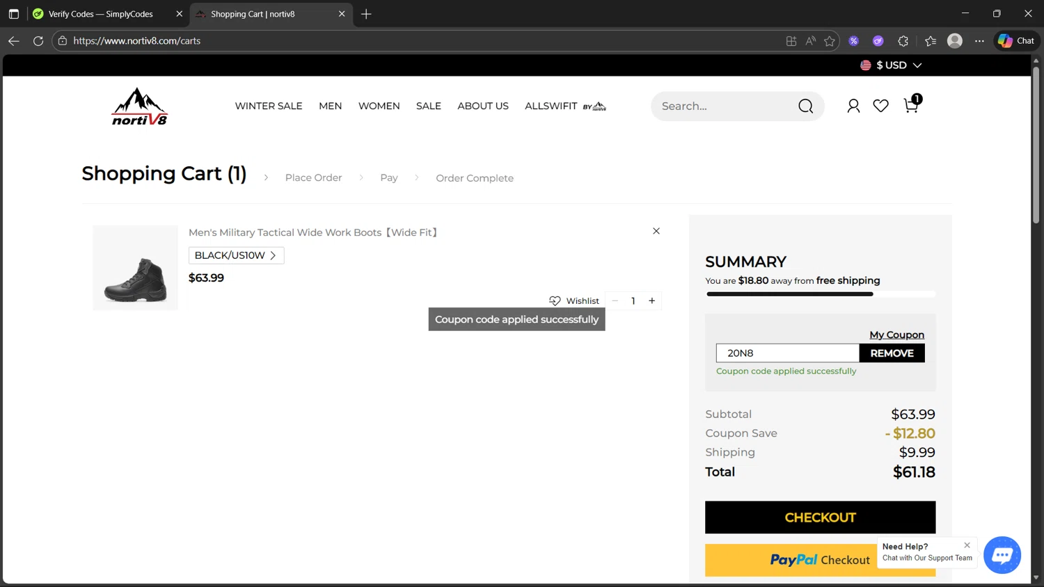 Nortiv8 coupon code screenshot showing code 20N8 applied at Nortiv8 checkout page. Uploaded by SimplyCodes community member Morticia on Dec 6, 2025