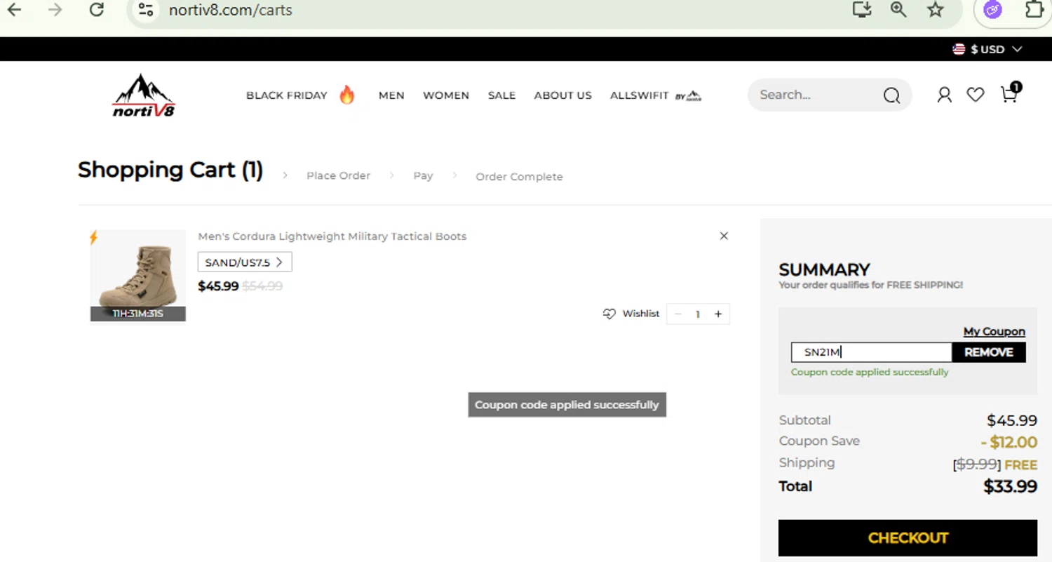 Nortiv8 checkout page showing Nortiv8 coupon code box | Screenshot taken by SimplyCodes community member on Nov 21, 2025