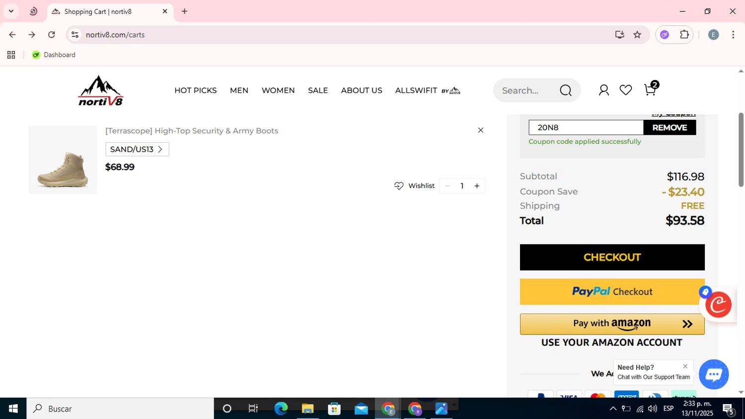 Nortiv8 coupon code screenshot showing code 20N8 applied at Nortiv8 checkout page. Uploaded by SimplyCodes community member Esteban on Nov 13, 2025