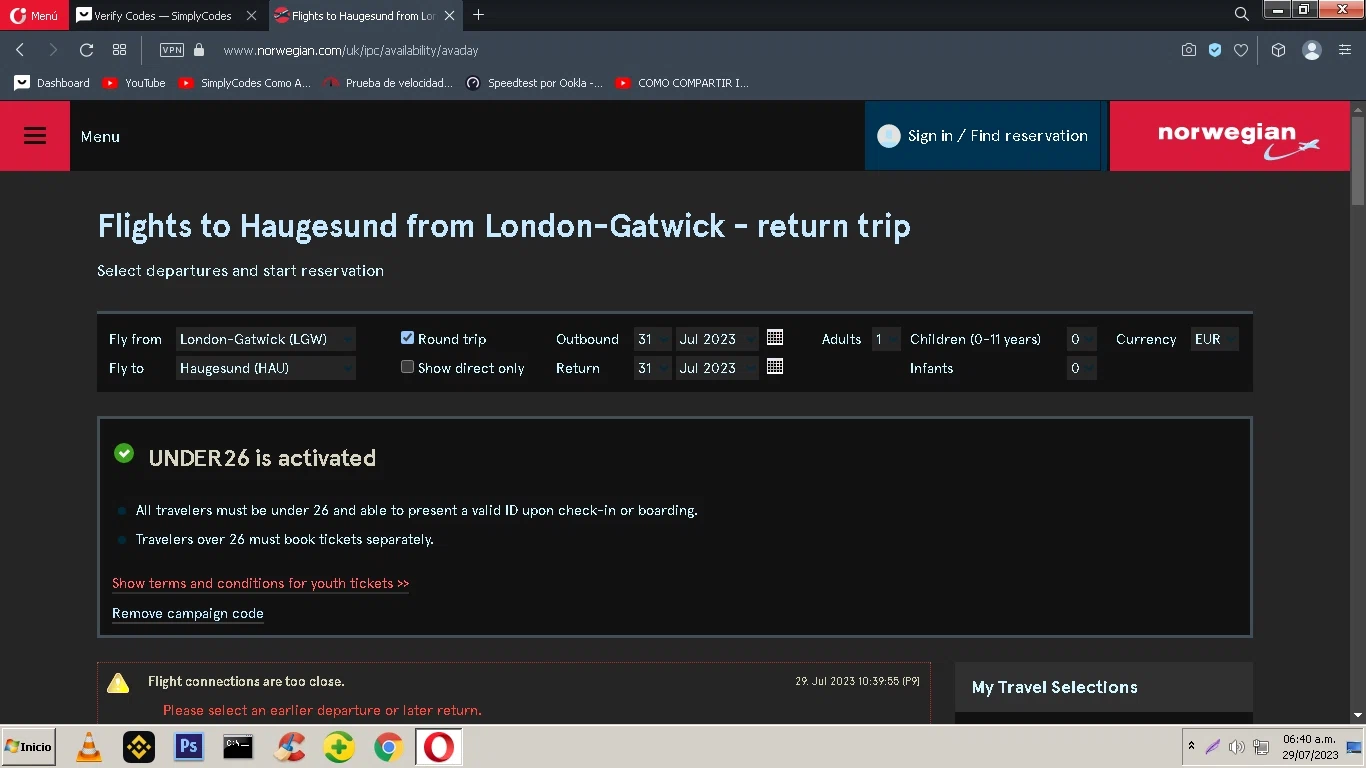 Norwegian Air checkout page showing Norwegian Air promo code box | Screenshot taken by SimplyCodes community member on Jul 29, 2023