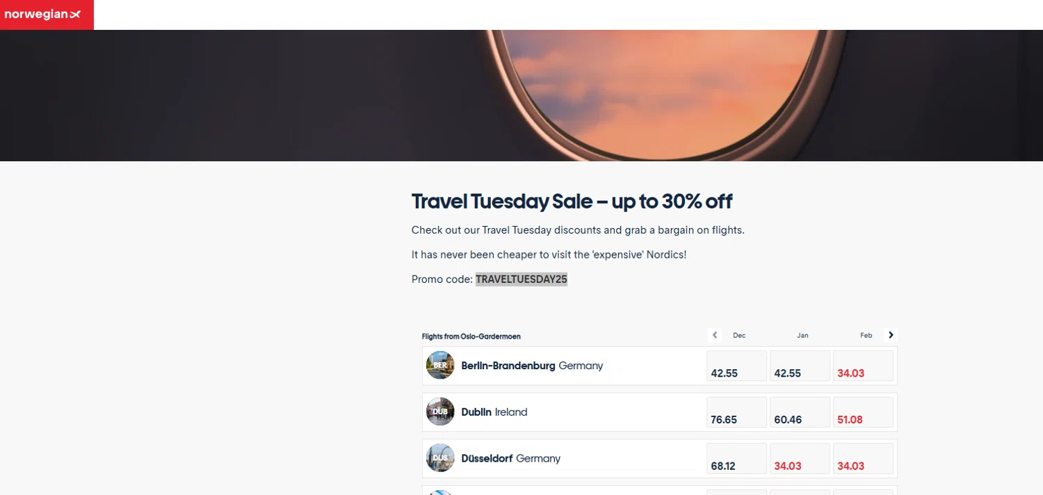 Norwegian Air promo code screenshot showing code TRAVELTUESDAY25 applied at Norwegian Air checkout page. Uploaded by SimplyCodes community member Aressss on Dec 3, 2025