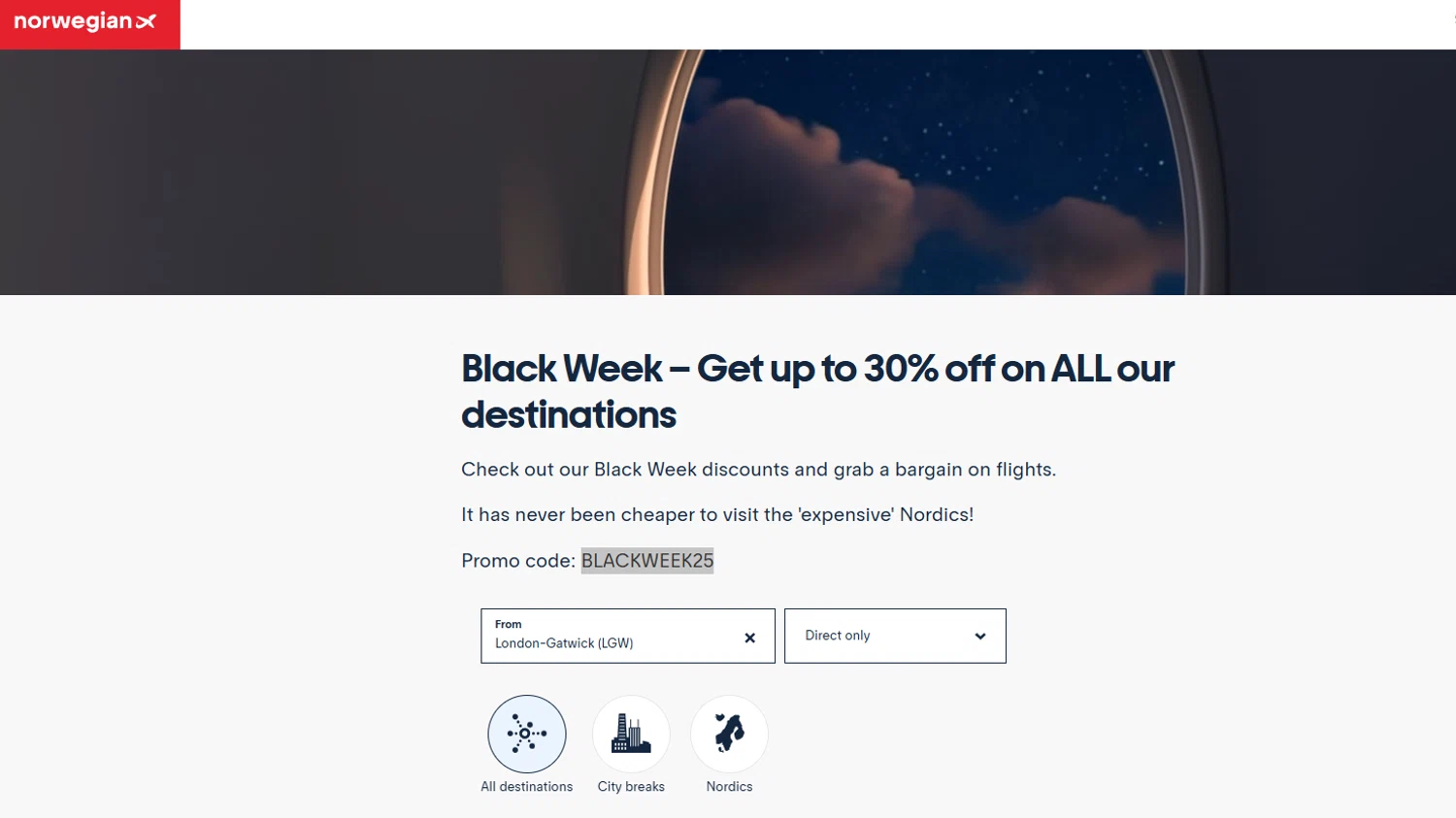 Norwegian Air promo code screenshot showing code BLACKWEEK25 applied at Norwegian Air checkout page. Uploaded by SimplyCodes community member Aressss on Nov 25, 2025