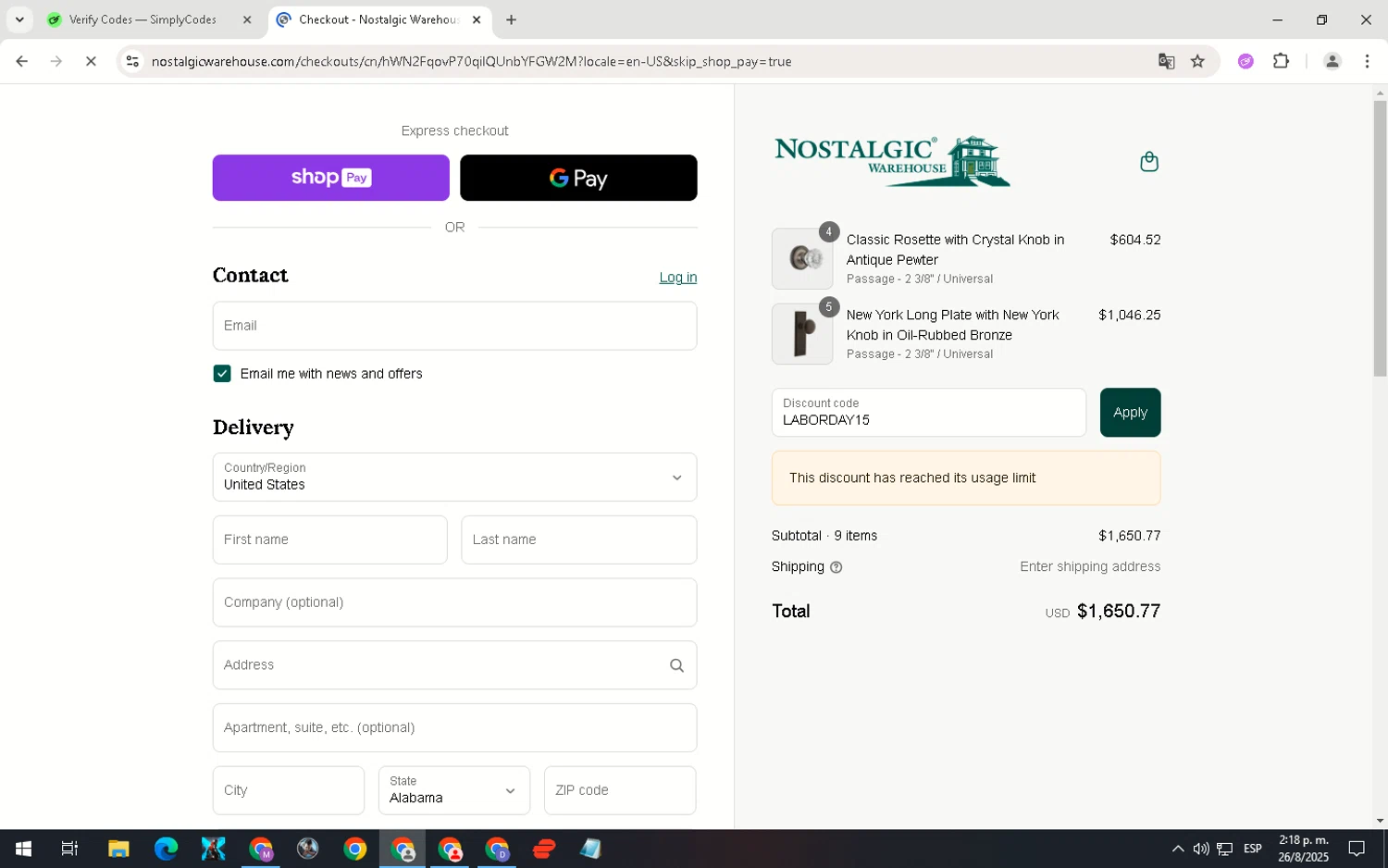 Nostalgic Warehouse discount code screenshot showing code LABORDAY15 applied at Nostalgic Warehouse checkout page. Uploaded by SimplyCodes community member ScanNavigator5190 on Aug 26, 2025