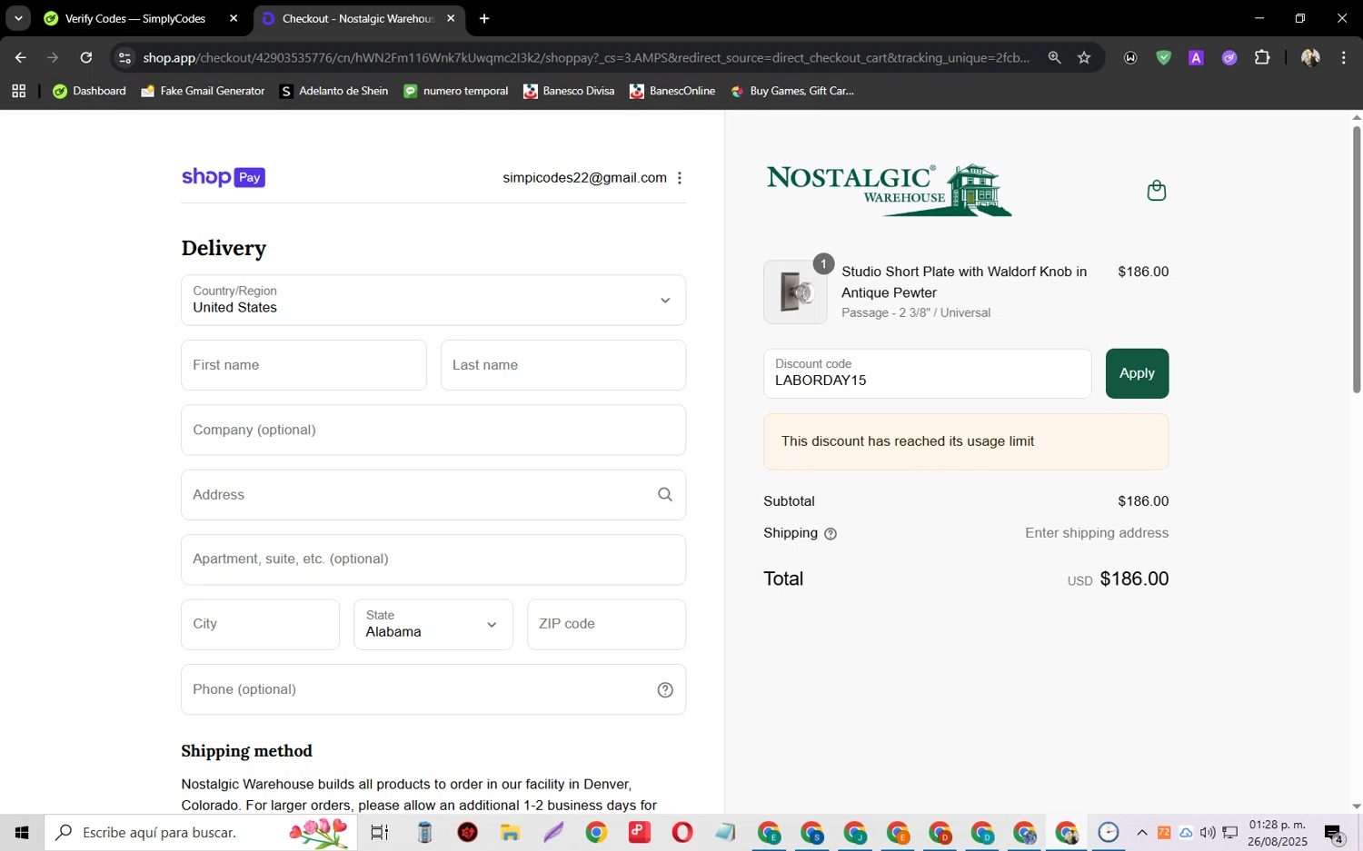 Nostalgic Warehouse discount code screenshot showing code LABORDAY15 applied at Nostalgic Warehouse checkout page. Uploaded by SimplyCodes community member jeysosmoore on Aug 26, 2025