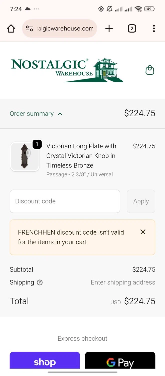 Nostalgic Warehouse discount code screenshot showing code FRENCHHEN applied at Nostalgic Warehouse checkout page. Uploaded by SimplyCodes community member ParisSmith on Dec 19, 2025