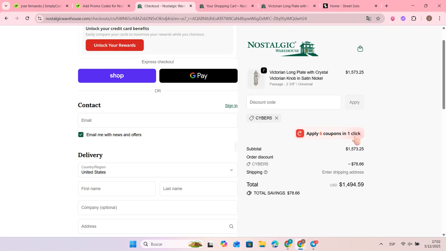 Nostalgic Warehouse discount code screenshot showing code CYBER5 applied at Nostalgic Warehouse checkout page. Uploaded by SimplyCodes community member CouponNavigator9812 on Dec 5, 2025