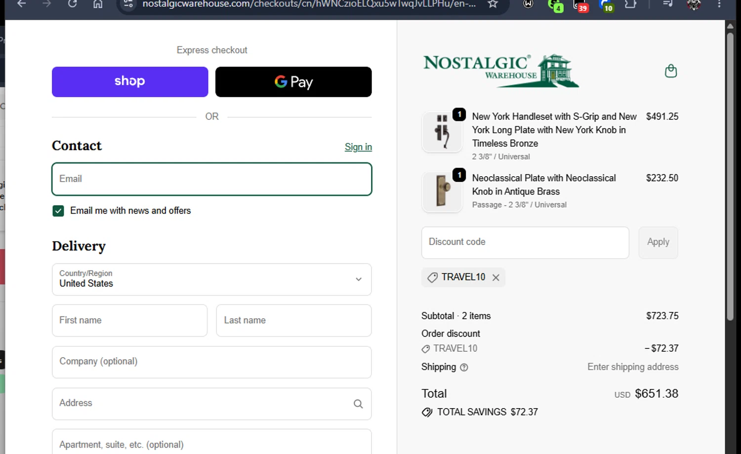 Nostalgic Warehouse promo code screenshot showing code TRAVEL10 applied at Nostalgic Warehouse checkout page. Uploaded by SimplyCodes community member Jmhernand1 on Jun 5, 2026