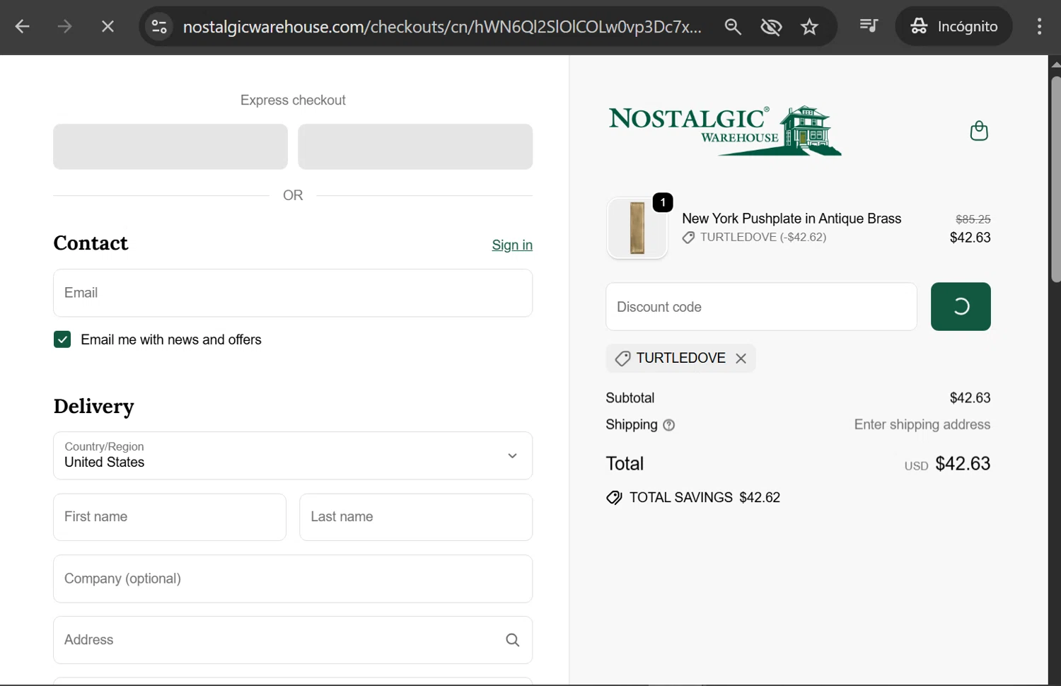 Nostalgic Warehouse discount code screenshot showing code TURTLEDOVE applied at Nostalgic Warehouse checkout page. Uploaded by SimplyCodes community member anosesmith on Dec 14, 2025