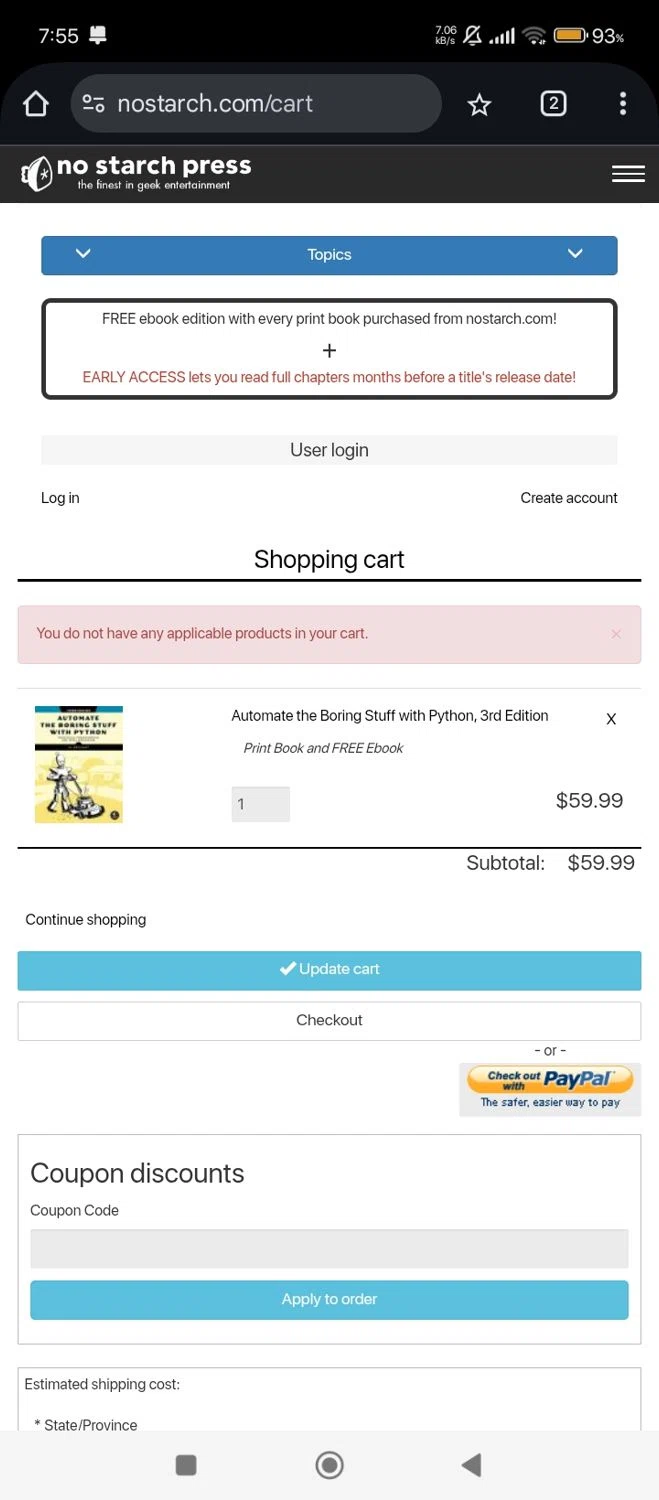 No Starch Press discount code screenshot showing code PREORDER applied at No Starch Press checkout page. Uploaded by SimplyCodes community member RebateShopper5497 on Aug 13, 2025