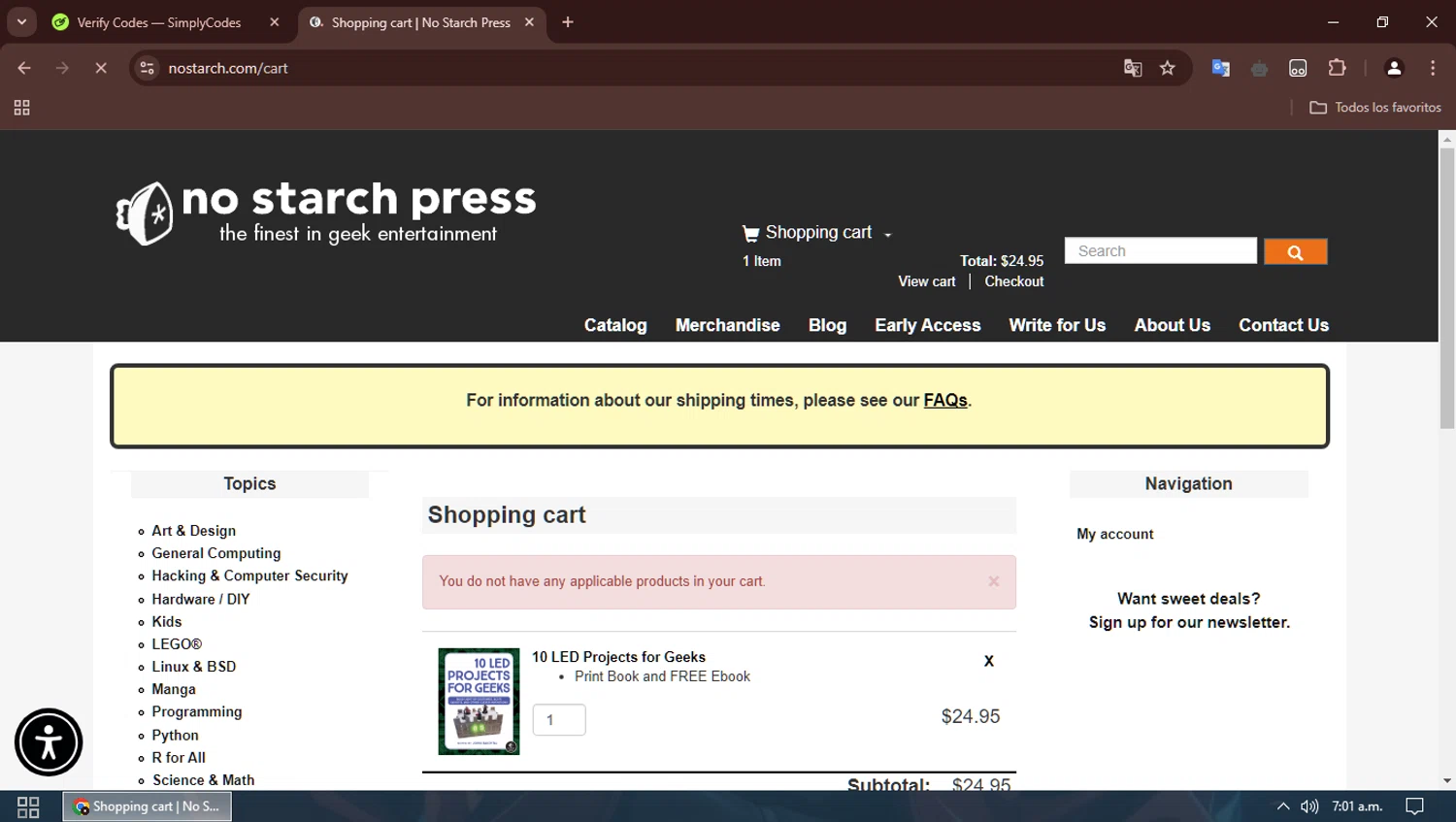 No Starch Press discount code screenshot showing code PREORDER applied at No Starch Press checkout page. Uploaded by SimplyCodes community member SavingsBoss991 on Jan 25, 2025