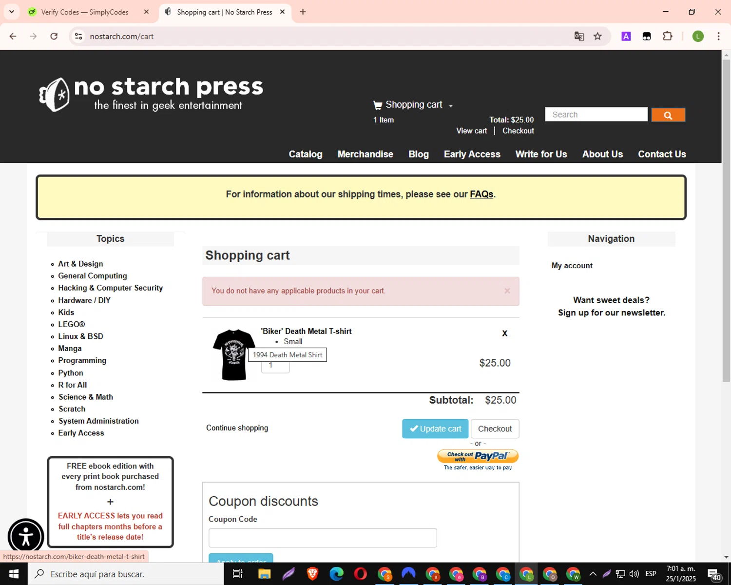No Starch Press discount code screenshot showing code PREORDER applied at No Starch Press checkout page. Uploaded by SimplyCodes community member SmartScout7874 on Jan 25, 2025