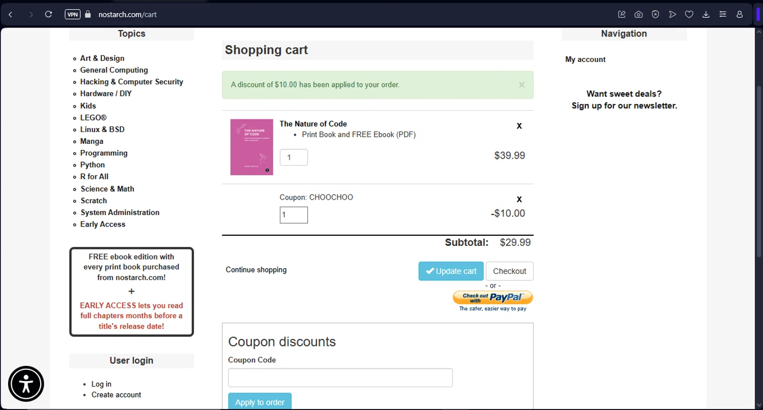 No Starch Press discount code screenshot showing code CHOOCHOO applied at No Starch Press checkout page. Uploaded by SimplyCodes community member Mr_fran on Feb 23, 2025