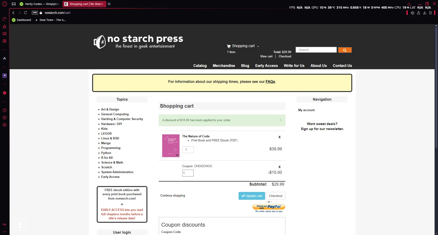 No Starch Press discount code screenshot showing code CHOOCHOO applied at No Starch Press checkout page. Uploaded by SimplyCodes community member luissi on Jan 25, 2025