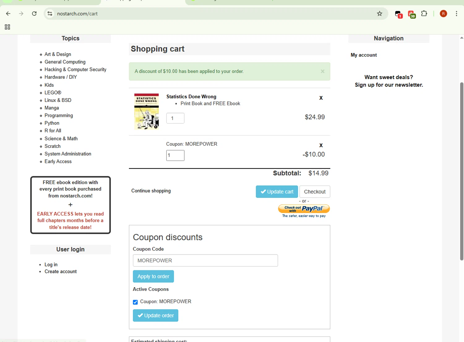 No Starch Press discount code screenshot showing code MOREPOWER applied at No Starch Press checkout page. Uploaded by SimplyCodes community member BrilliantRanger8168 on Oct 24, 2025