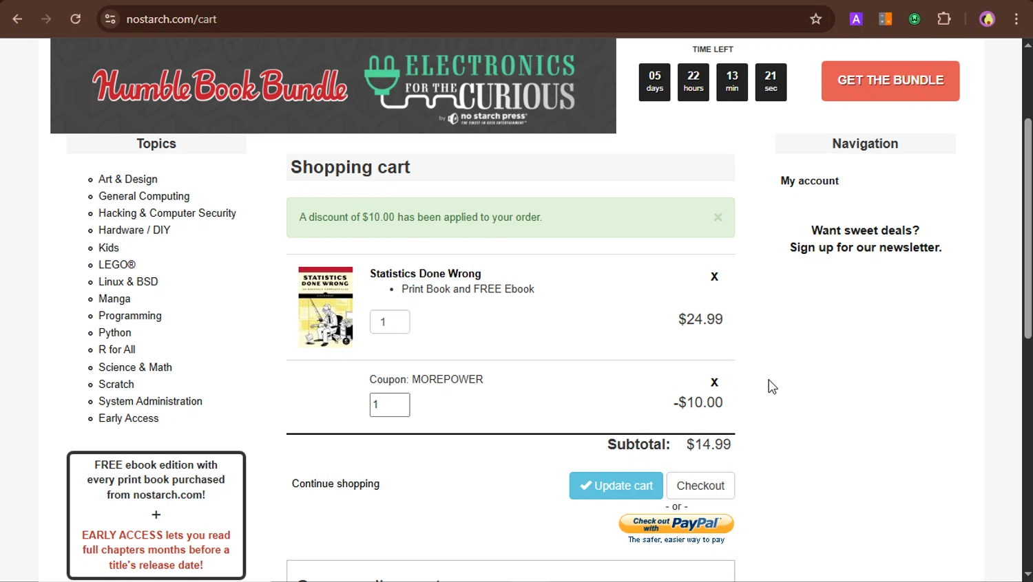 No Starch Press discount code screenshot showing code MOREPOWER applied at No Starch Press checkout page. Uploaded by SimplyCodes community member PrincessCoupon on Sep 30, 2025