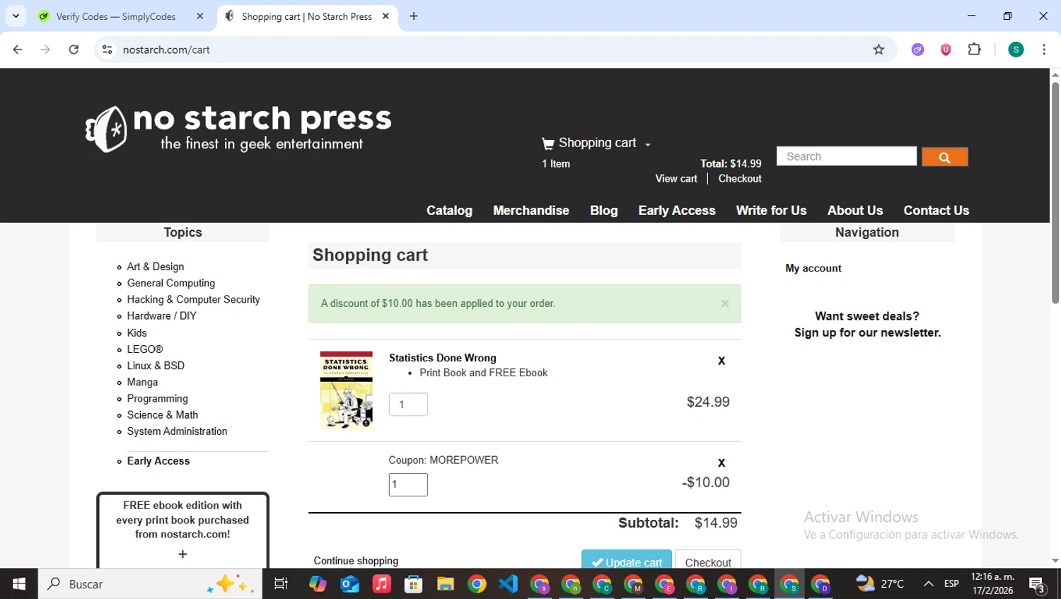 No Starch Press discount code screenshot showing code MOREPOWER applied at No Starch Press checkout page. Uploaded by SimplyCodes community member VictoriousPilot5281 on Feb 17, 2026