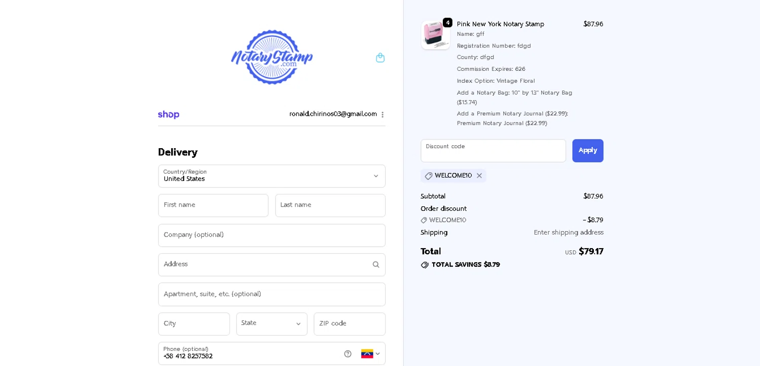 Notary Stamps promo code screenshot showing code WELCOME10 applied at Notary Stamps checkout page. Uploaded by SimplyCodes community member GoldAce6962 on Dec 8, 2025