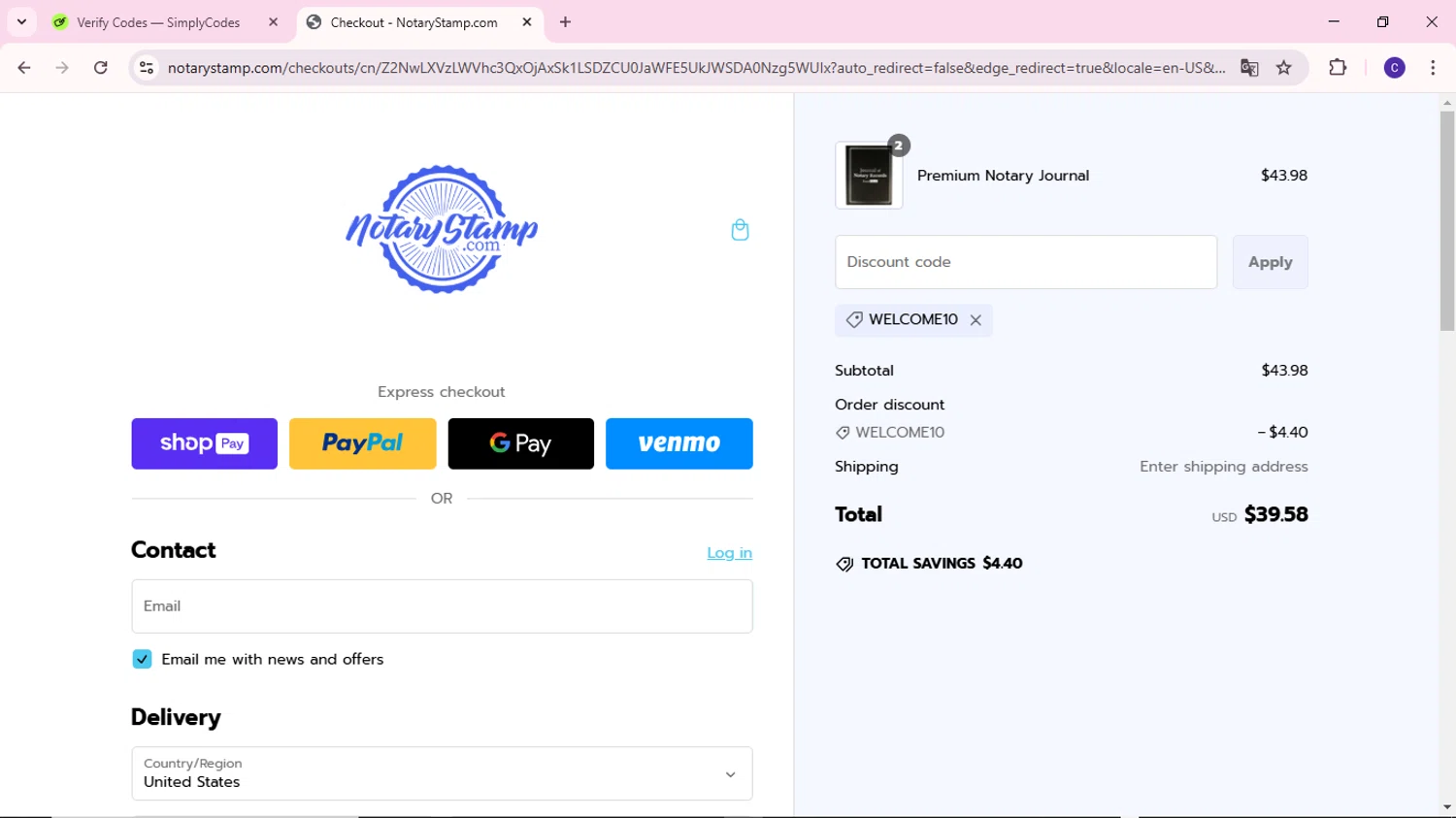 Notary Stamps promo code screenshot showing code WELCOME10 applied at Notary Stamps checkout page. Uploaded by SimplyCodes community member MoneyWizard2699 on Feb 21, 2025