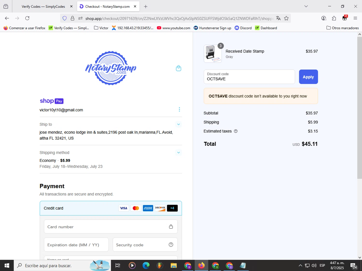 Notary Stamps promo code screenshot showing code OCTSAVE applied at Notary Stamps checkout page. Uploaded by SimplyCodes community member Garou_Y2K on Jul 8, 2025