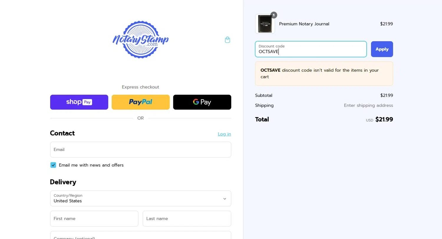 Notary Stamps promo code screenshot showing code OCTSAVE applied at Notary Stamps checkout page. Uploaded by SimplyCodes community member LUAR777 on Mar 10, 2025