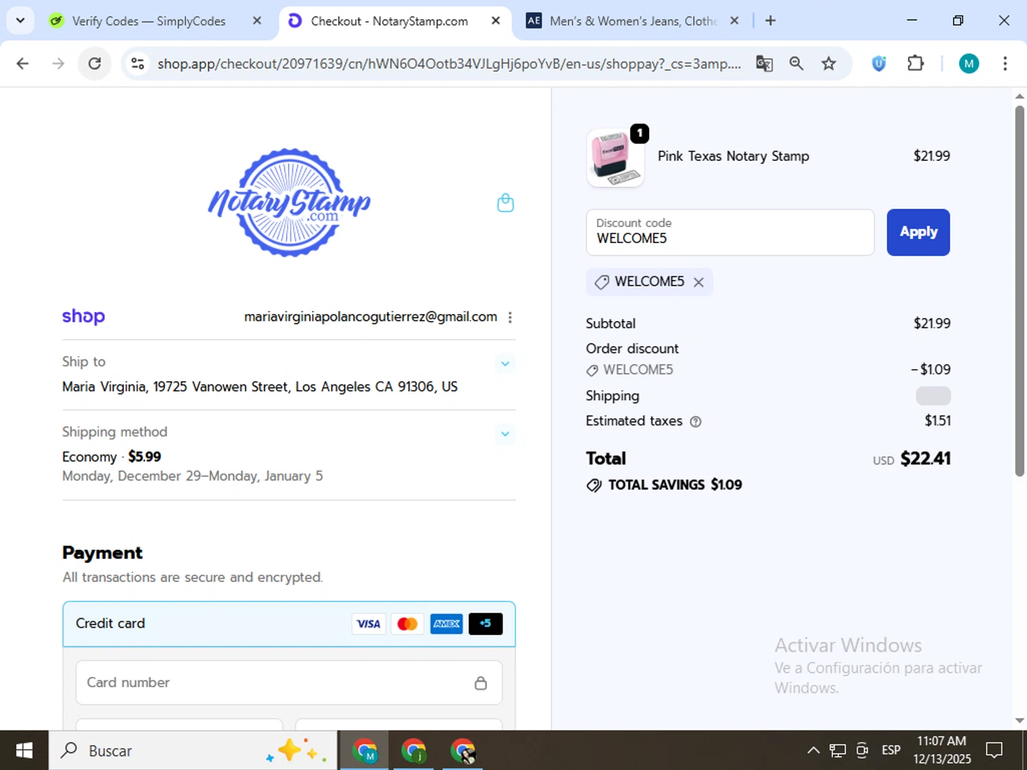Notary Stamps promo code screenshot showing code WELCOME5 applied at Notary Stamps checkout page. Uploaded by SimplyCodes community member estrellaveloz on Dec 13, 2025