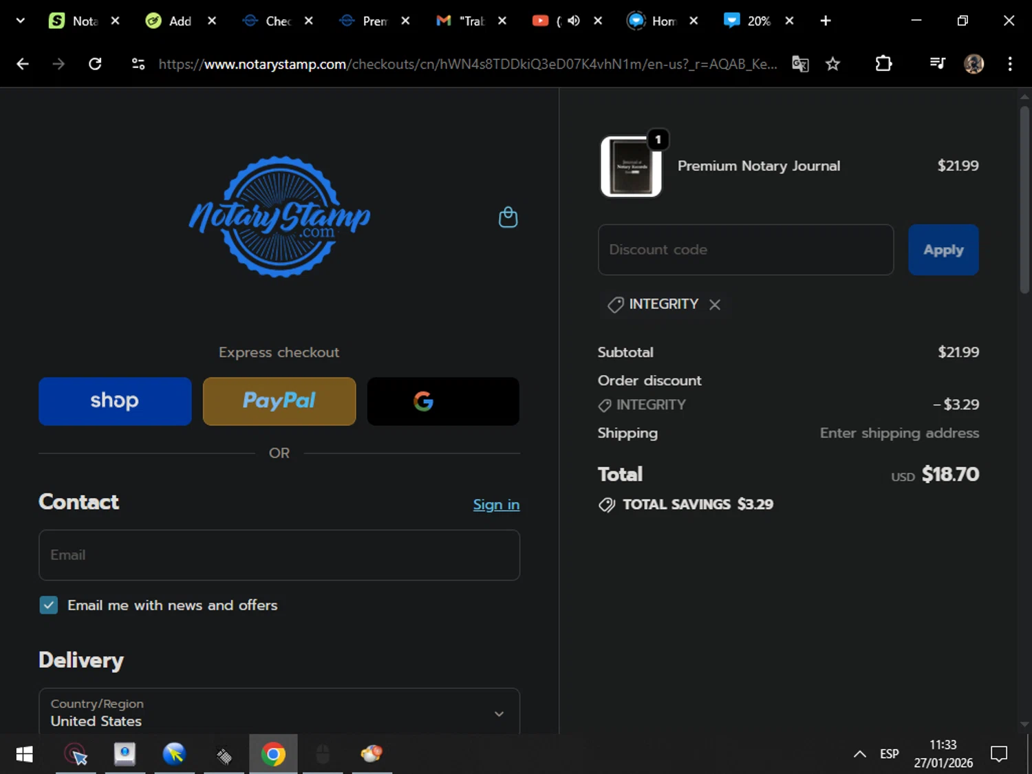 Notary Stamps promo code screenshot showing code INTEGRITY applied at Notary Stamps checkout page. Uploaded by SimplyCodes community member MarcosAranguren on Jan 27, 2026