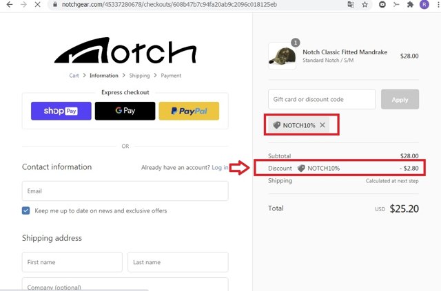 Notch checkout page showing Notch discount code box | Screenshot taken by SimplyCodes community member on Feb 22, 2021