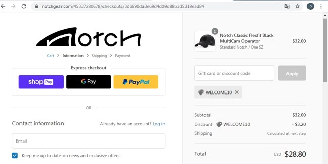 Notch checkout page showing Notch discount code box | Screenshot taken by SimplyCodes community member on Feb 22, 2021