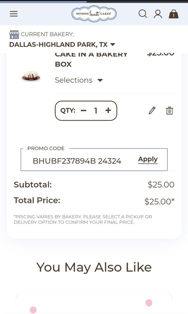Nothing Bundt Cakes checkout page showing Nothing Bundt Cakes promo code box | Screenshot taken by SimplyCodes community member on Jul 21, 2022