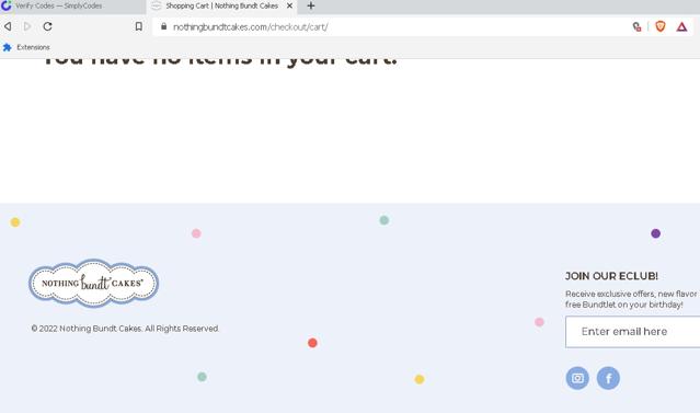 Nothing Bundt Cakes checkout page showing Nothing Bundt Cakes promo code box | Screenshot taken by SimplyCodes community member on Aug 16, 2022