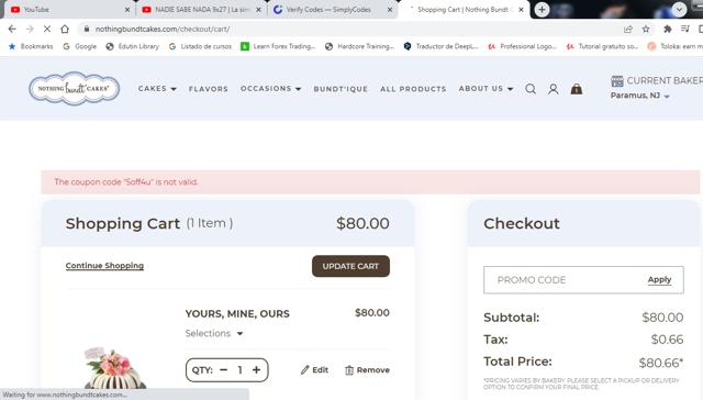 Nothing Bundt Cakes checkout page showing Nothing Bundt Cakes promo code box | Screenshot taken by SimplyCodes community member on Jul 19, 2022
