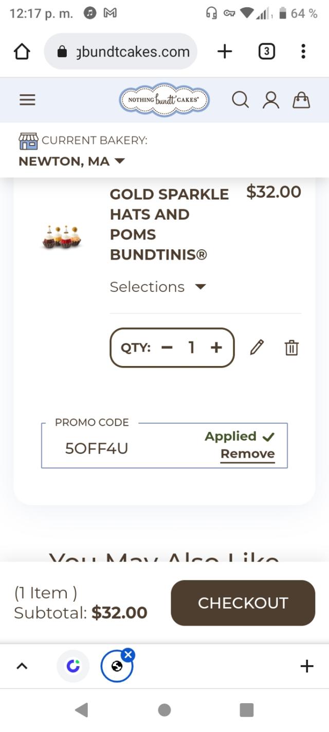 Nothing Bundt Cakes checkout page showing Nothing Bundt Cakes promo code box | Screenshot taken by SimplyCodes community member on Jul 14, 2022