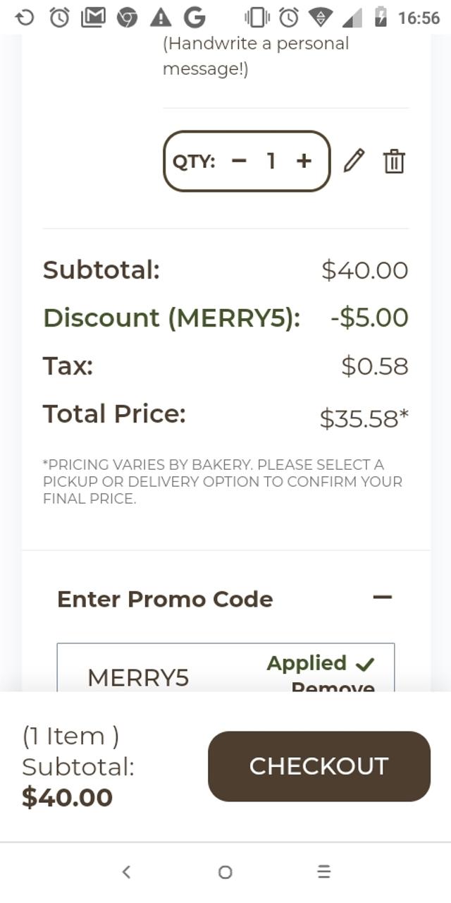 Nothing Bundt Cakes checkout page showing Nothing Bundt Cakes promo code box | Screenshot taken by SimplyCodes community member on Dec 13, 2022