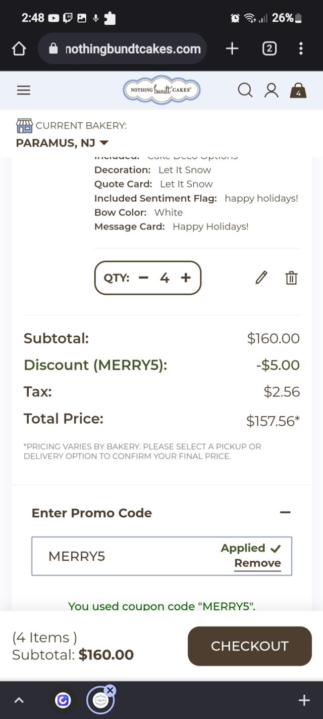 Nothing Bundt Cakes checkout page showing Nothing Bundt Cakes promo code box | Screenshot taken by SimplyCodes community member on Dec 15, 2022