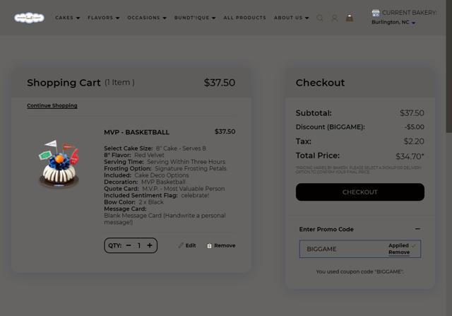 Nothing Bundt Cakes checkout page showing Nothing Bundt Cakes promo code box | Screenshot taken by SimplyCodes community member on Feb 7, 2023