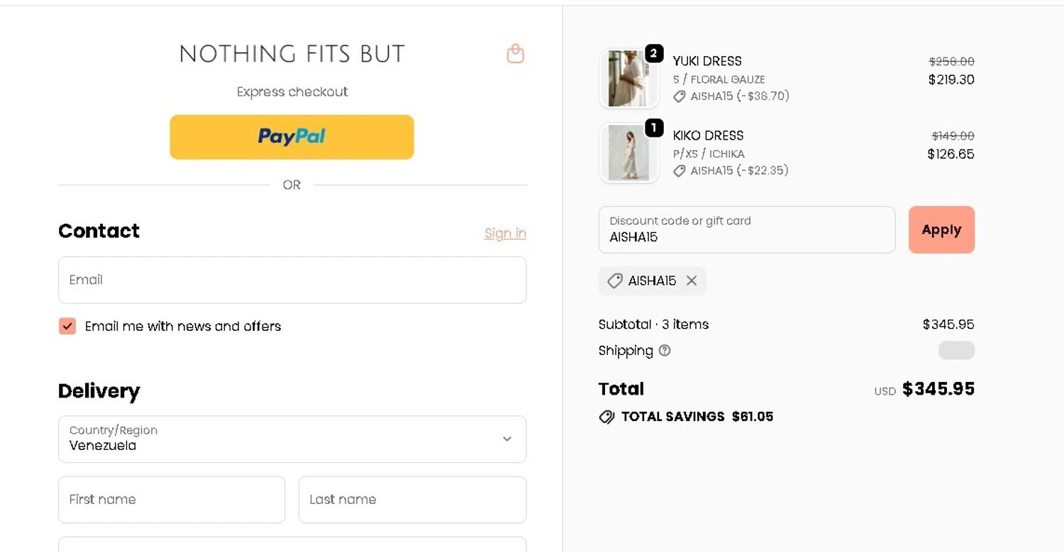 Nothing Fits But discount code screenshot showing code AISHA15 applied at Nothing Fits But checkout page. Uploaded by SimplyCodes community member LAMINEJAMAL on Dec 15, 2025