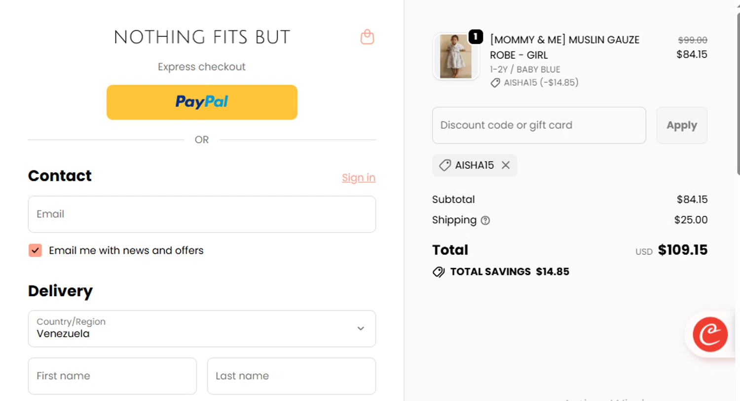 Nothing Fits But discount code screenshot showing code AISHA15 applied at Nothing Fits But checkout page. Uploaded by SimplyCodes community member cachetegomez on Oct 2, 2025