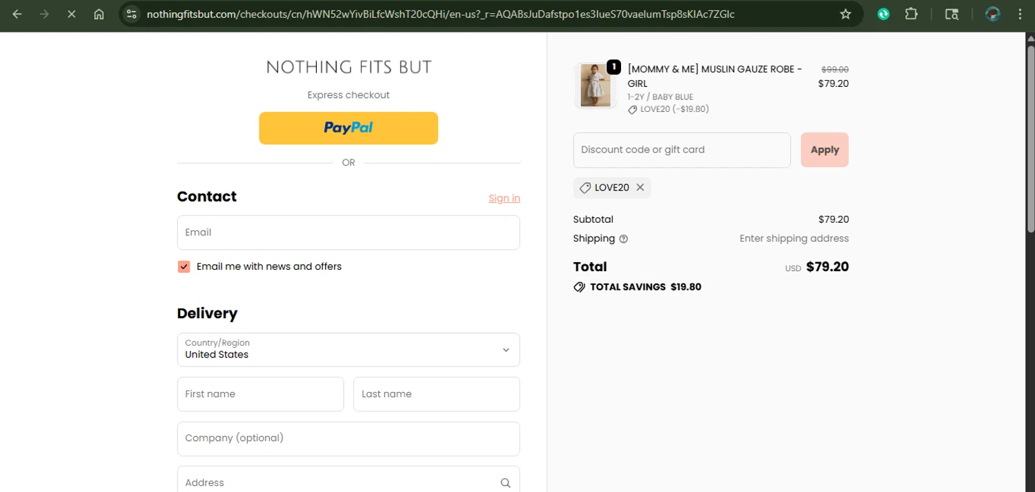 Nothing Fits But discount code screenshot showing code LOVE20 applied at Nothing Fits But checkout page. Uploaded by SimplyCodes community member MariaCorinaMachado on Nov 8, 2025