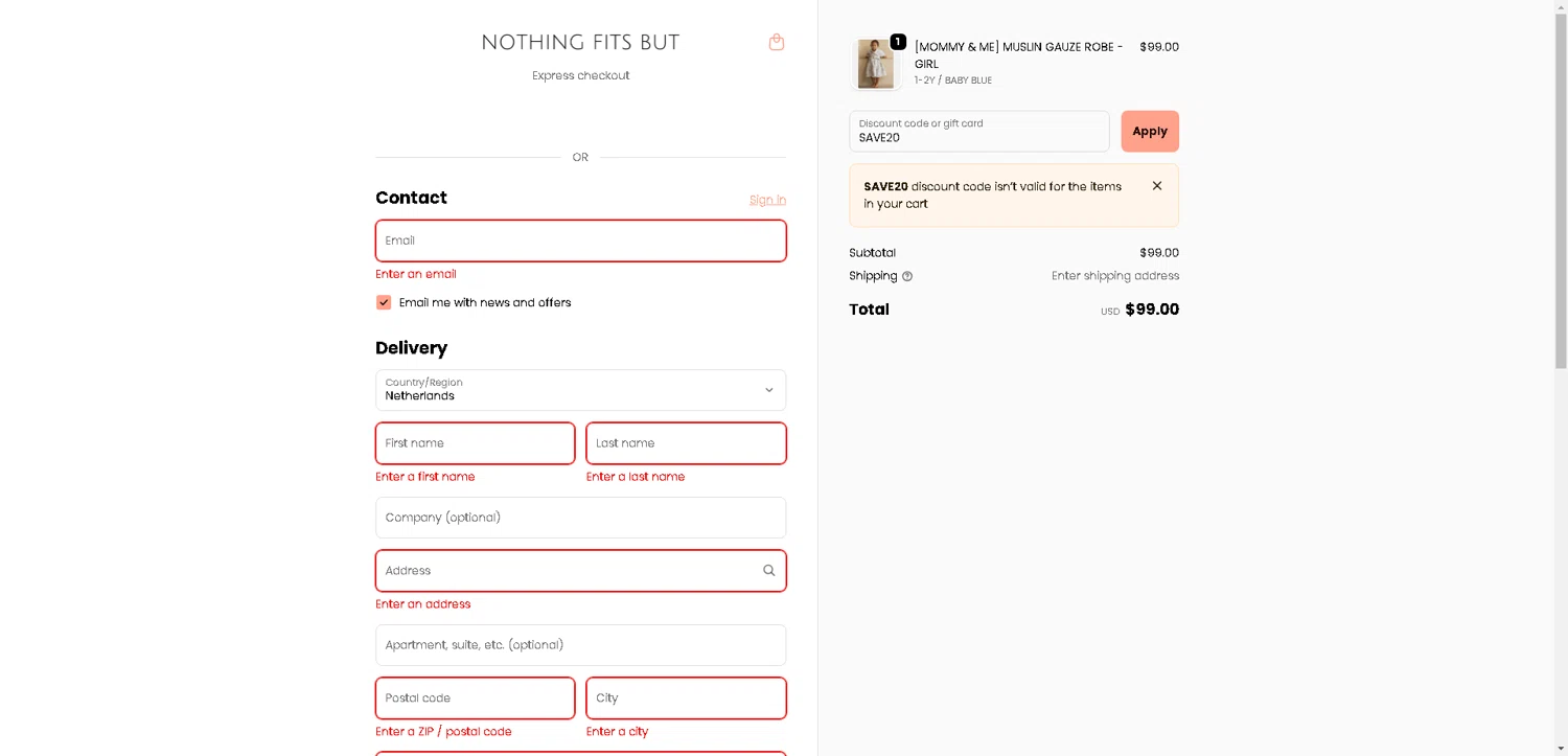 Nothing Fits But discount code screenshot showing code SAVE20 applied at Nothing Fits But checkout page. Uploaded by SimplyCodes community member CleverLynx8583 on Oct 14, 2025