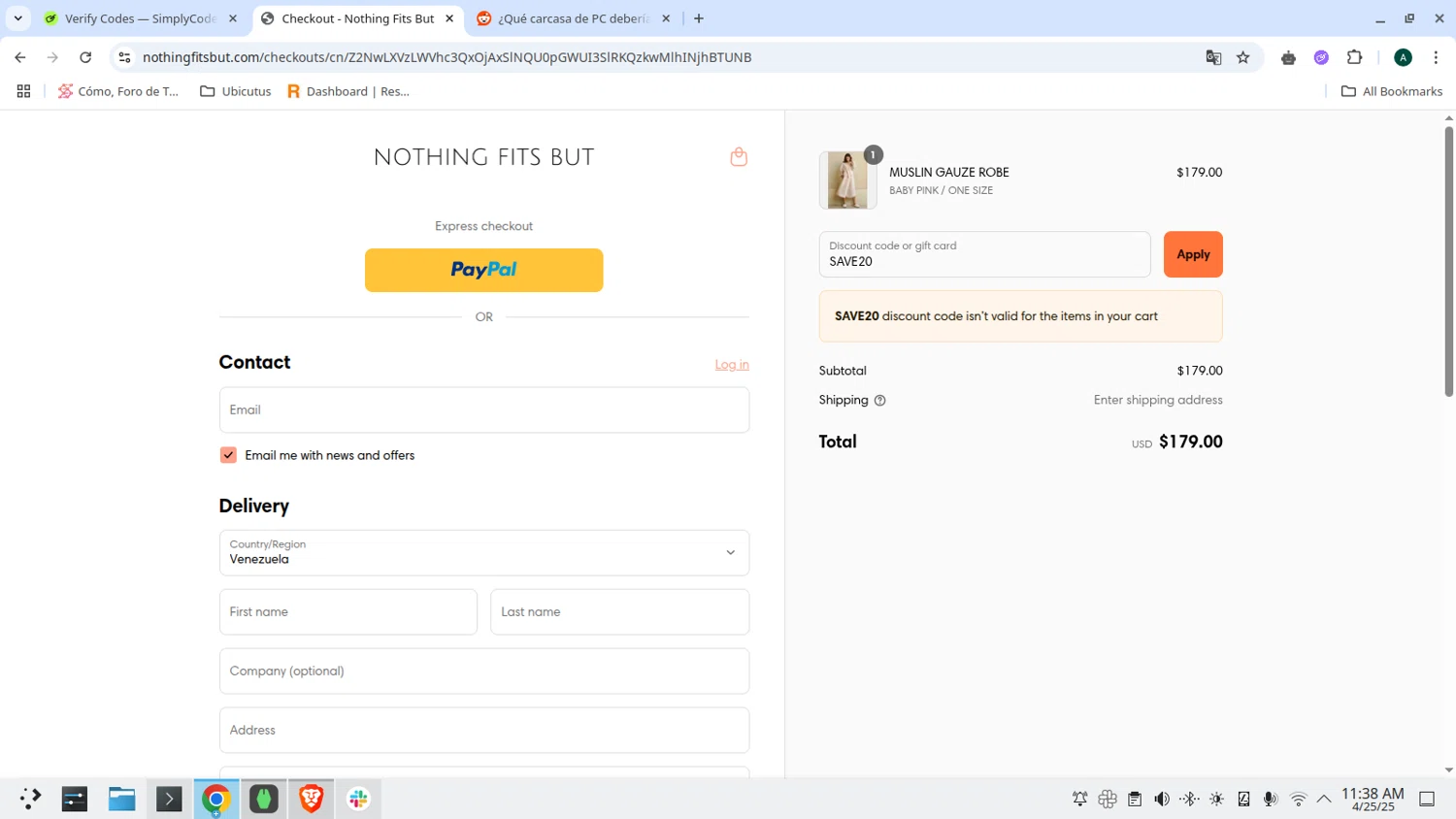 Nothing Fits But discount code screenshot showing code SAVE20 applied at Nothing Fits But checkout page. Uploaded by SimplyCodes community member admeneses on Apr 25, 2025