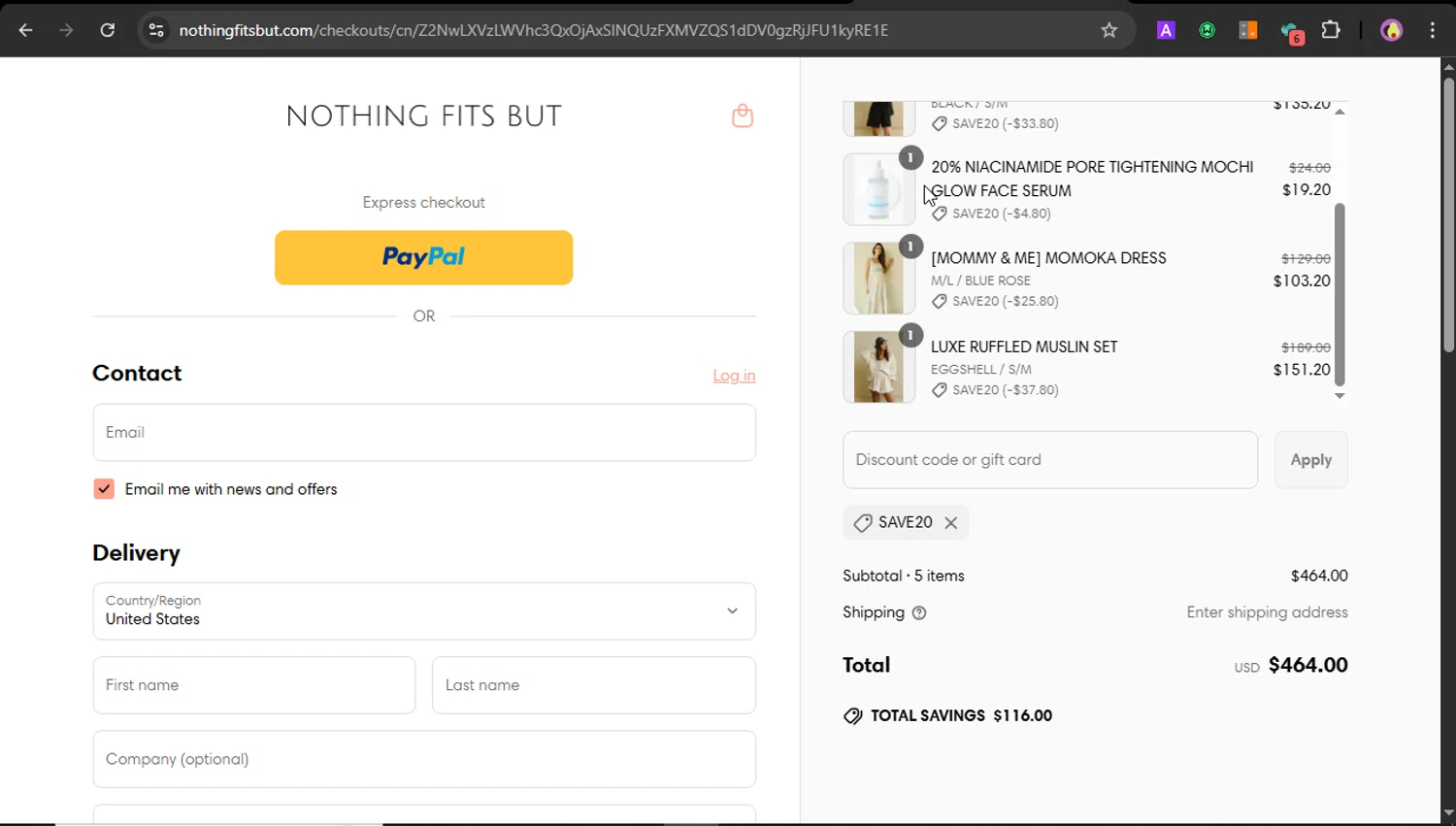 Nothing Fits But discount code screenshot showing code SAVE20 applied at Nothing Fits But checkout page. Uploaded by SimplyCodes community member PrincessCoupon on Apr 25, 2025