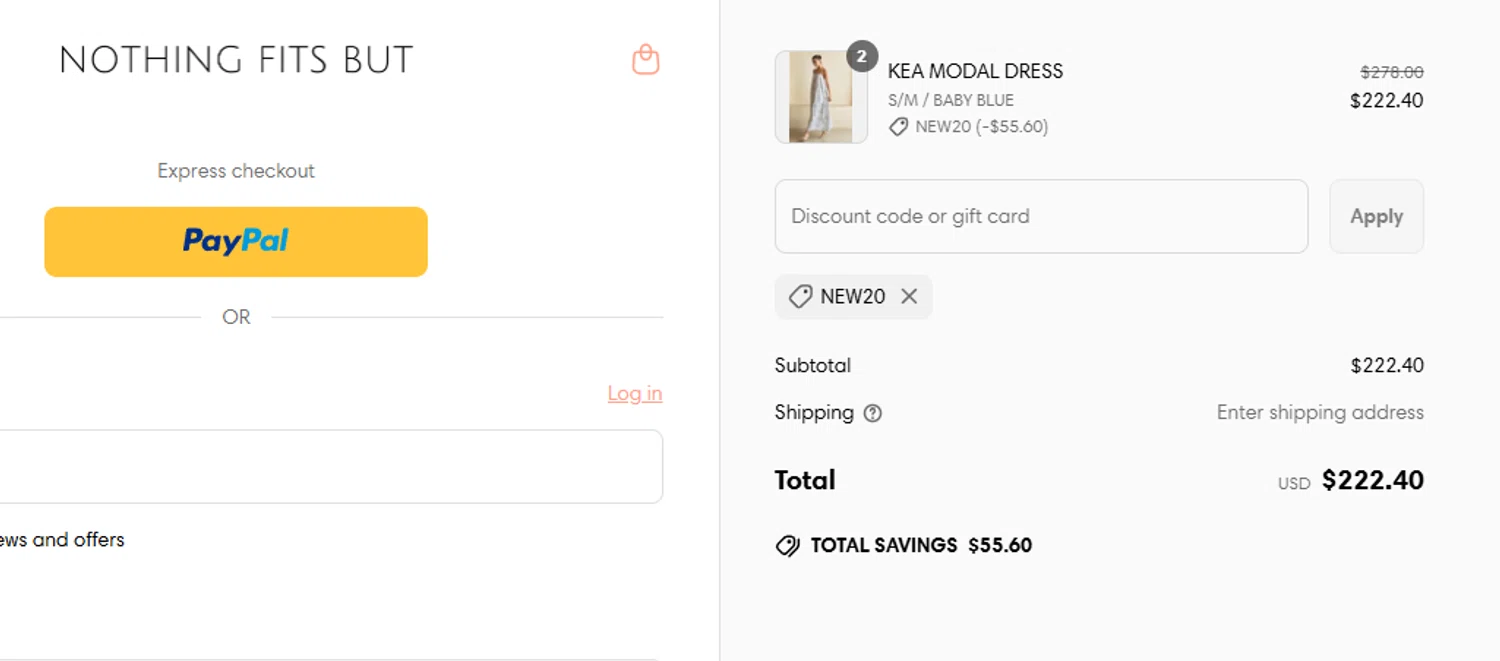 Nothing Fits But discount code screenshot showing code NEW20 applied at Nothing Fits But checkout page. Uploaded by SimplyCodes community member aumentadax10 on Jun 1, 2025