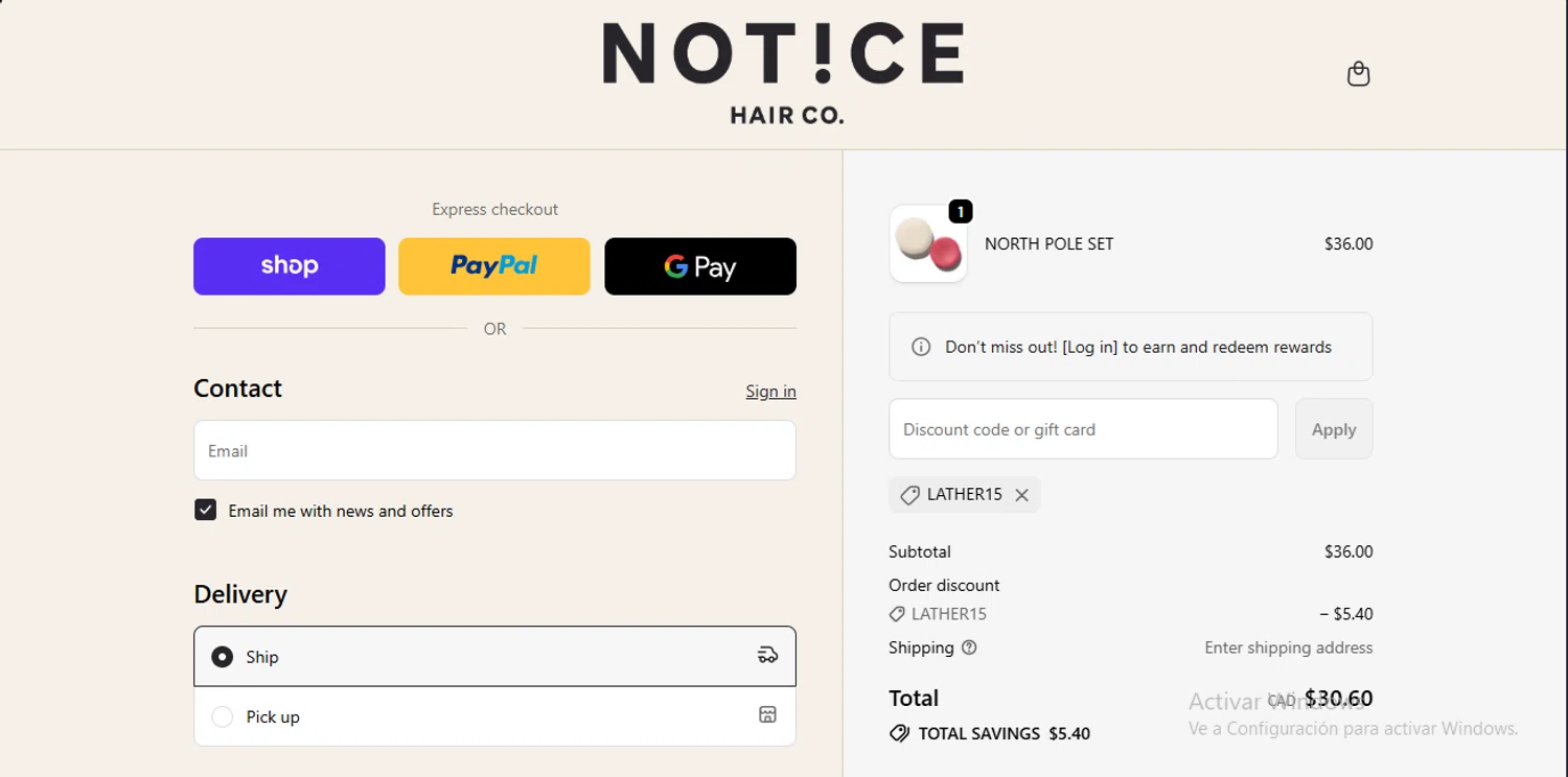 NOTICE Hair Co. promo code screenshot showing code lather15 applied at NOTICE Hair Co. checkout page. Uploaded by SimplyCodes community member RewardLynx9164 on Nov 20, 2025