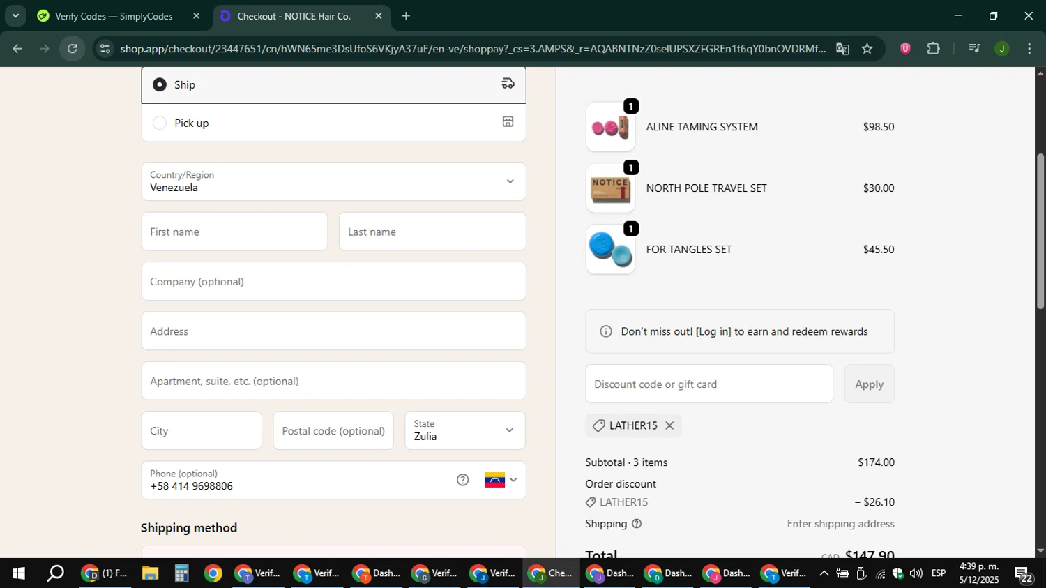 NOTICE Hair Co. promo code screenshot showing code lather15 applied at NOTICE Hair Co. checkout page. Uploaded by SimplyCodes community member ShieldFinder369 on Dec 5, 2025