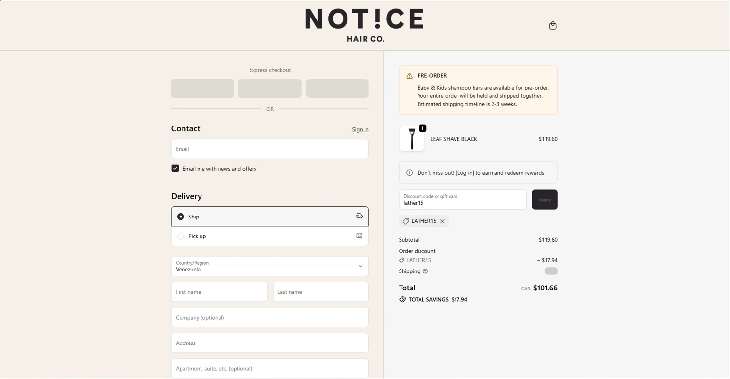 NOTICE Hair Co. promo code screenshot showing code lather15 applied at NOTICE Hair Co. checkout page. Uploaded by SimplyCodes community member Underaiki on Nov 30, 2025