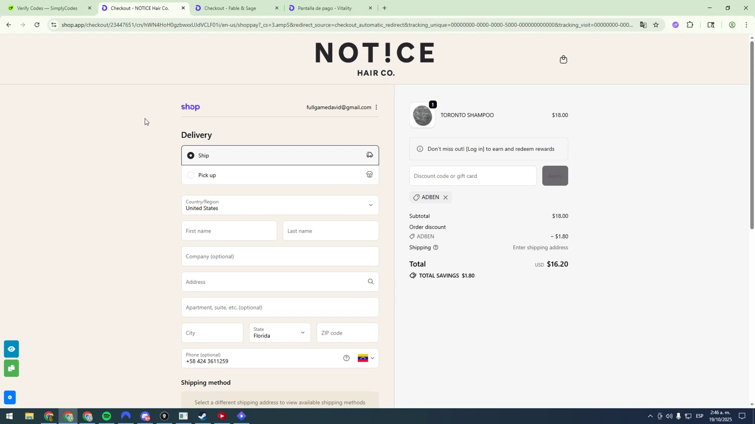 NOTICE Hair Co. promo code screenshot showing code ADBEN applied at NOTICE Hair Co. checkout page. Uploaded by SimplyCodes community member sfdfgdsfgdfgdfg on Oct 19, 2025